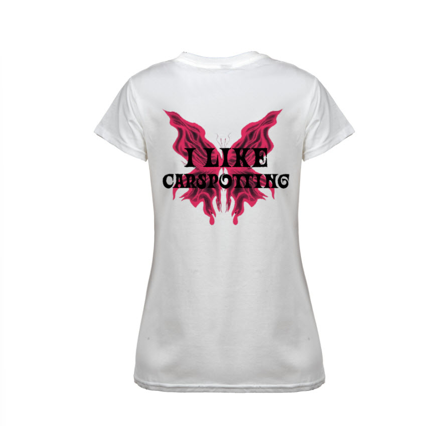 Damska koszulka biała - I LIKE CARSPOTTING (różowy nadruk z tyłu)