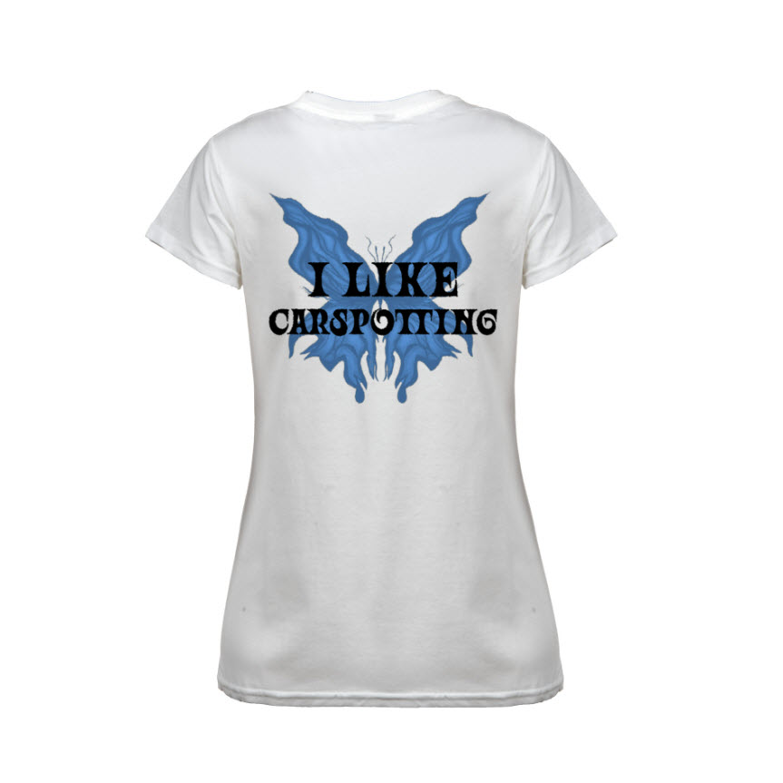 Damska koszulka biała - I LIKE CARSPOTTING - (błękitny nadruk z tyłu)