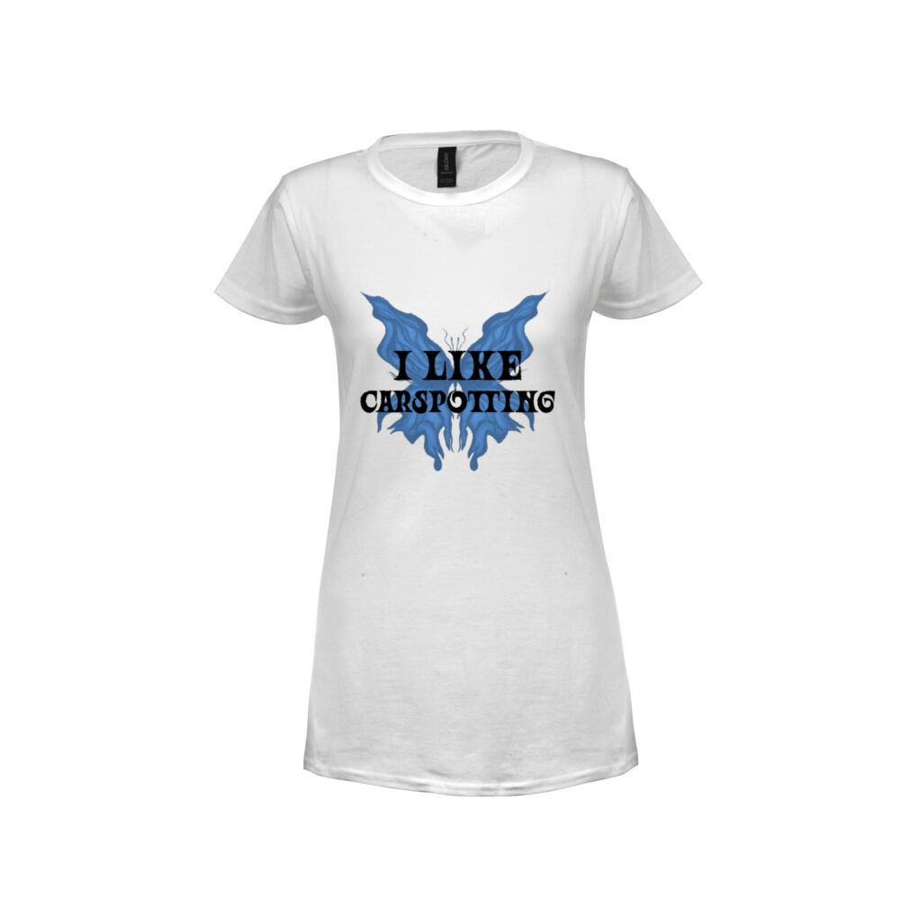 Damska koszulka biała - I LIKE CARSPOTTING (błękitny nadruk z przodu)
